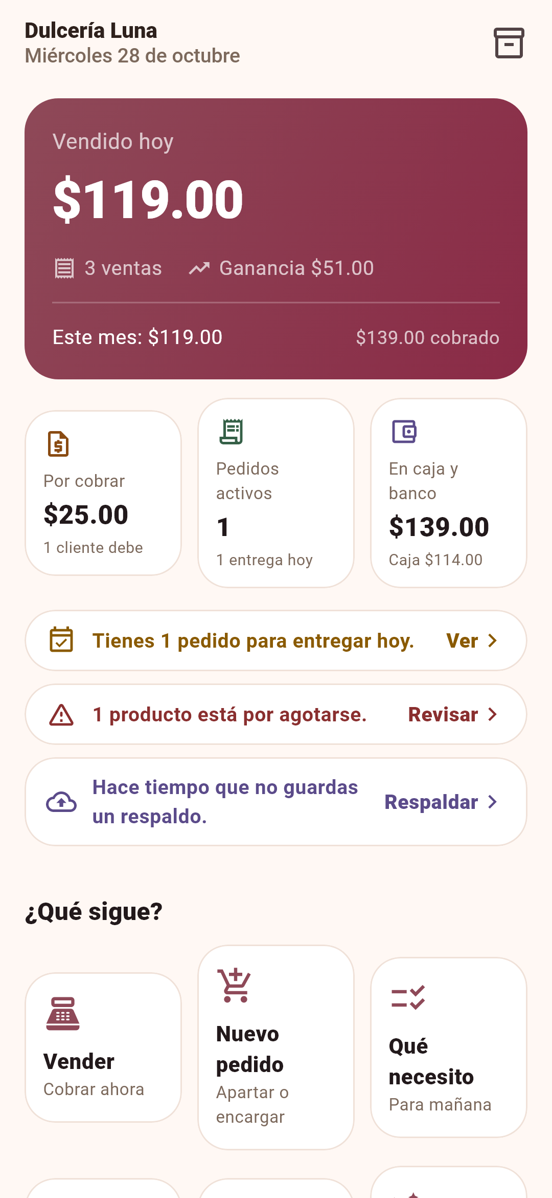 Pantalla de inicio de Mi Puestito: ventas del día, ganancia, pedidos activos y avisos de existencia baja